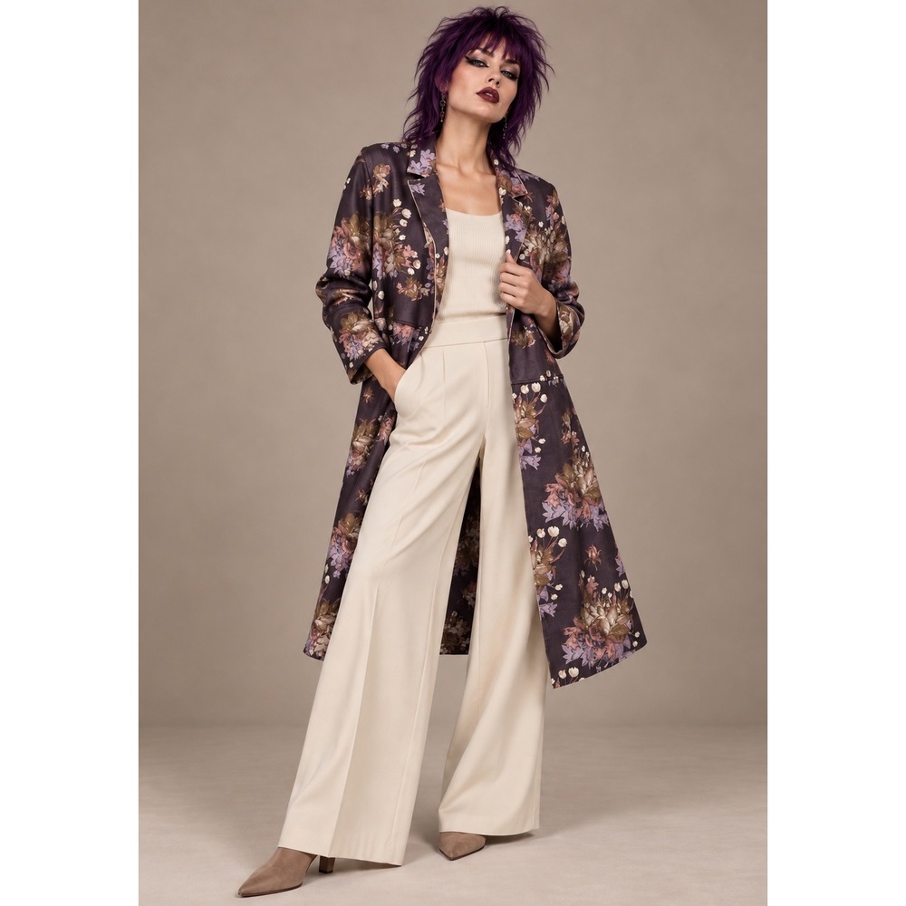 Tahari 1X Floral Faux Suede Jacket Duster Boho Layer